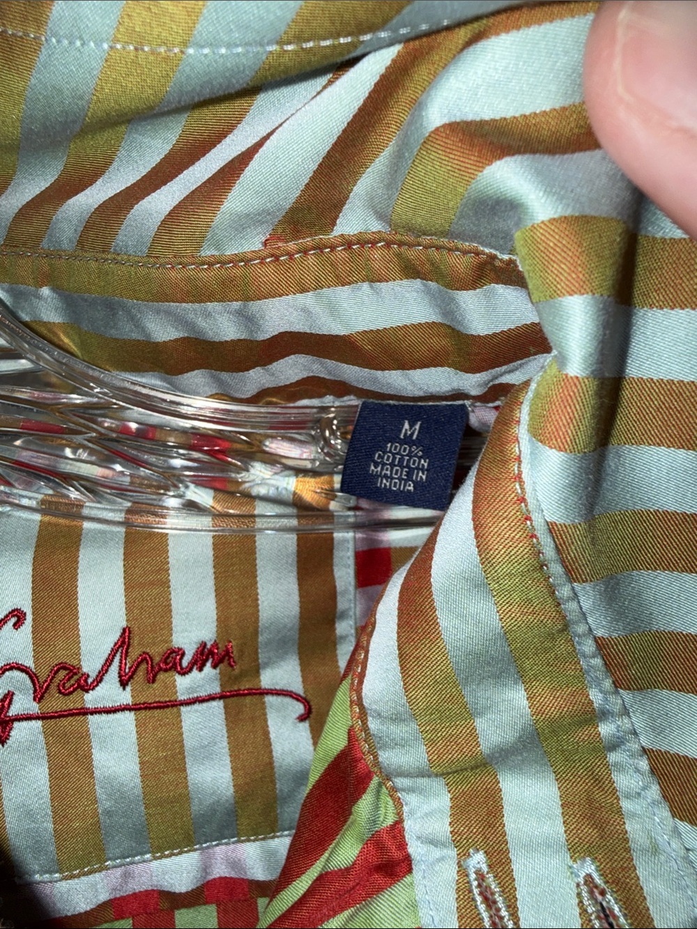 Robert Graham Vertical Striped Dress Shirt Olive & Cream Women’s Size Medium 🔥G7 - Picture 3 of 5
